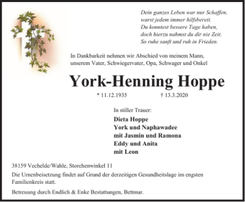 Traueranzeige von York-Henning Hoppe von Peiner Nachrichten