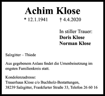 Traueranzeige von Achim Klose von Salzgitter Zeitung