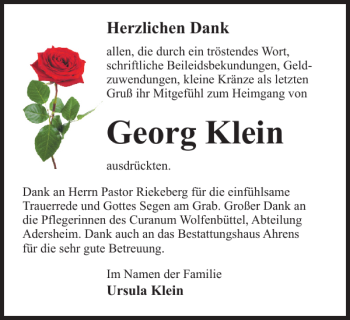 Traueranzeige von Georg Klein von Wolfenbütteler Zeitung