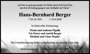 Traueranzeige von Hans-Bernhard Berger von Braunschweiger Zeitung