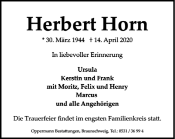 Traueranzeige von Herbert Horn von Braunschweiger Zeitung