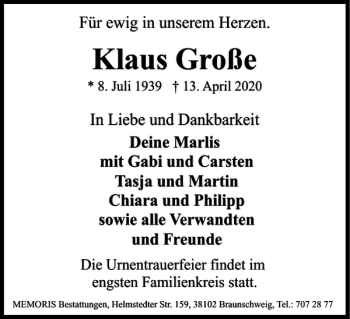 Traueranzeige von Klaus Große von Braunschweiger Zeitung