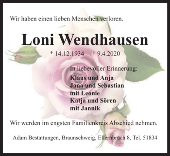 Traueranzeige von Loni Wendhausen von Braunschweiger Zeitung