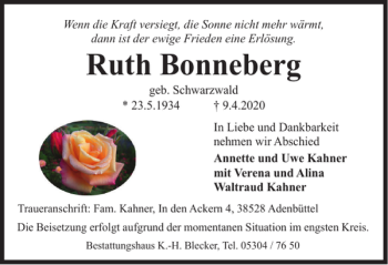 Traueranzeige von Ruth Bonneberg von Braunschweiger Zeitung