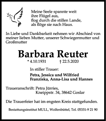 Traueranzeige von Barbara Reuter von Wolfenbütteler Zeitung