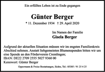 Traueranzeige von Günter Berger von Braunschweiger Zeitung