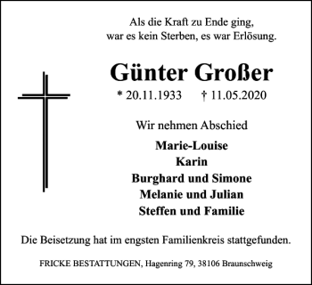 Traueranzeige von Günter Großer von Braunschweiger Zeitung