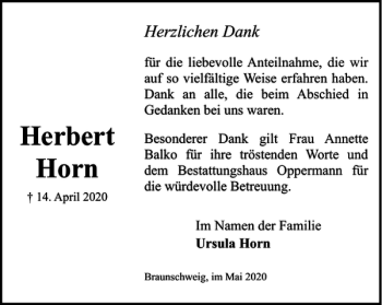 Traueranzeige von Herbert Horn von Braunschweiger Zeitung