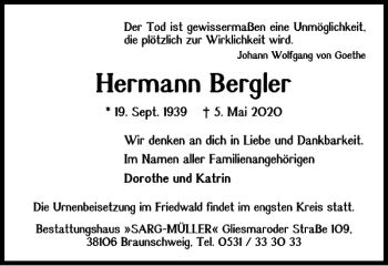 Traueranzeige von Hermann Bergler von Wolfsburger Nachrichten