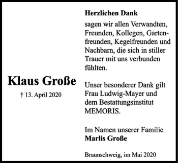 Traueranzeige von Klaus Große von Braunschweiger Zeitung