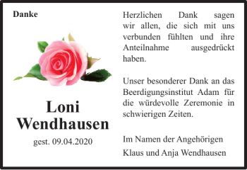 Traueranzeige von Loni Wendhausen von Braunschweiger Zeitung