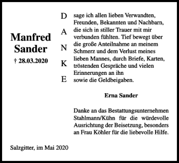 Traueranzeige von Manfred Sander von Salzgitter Zeitung