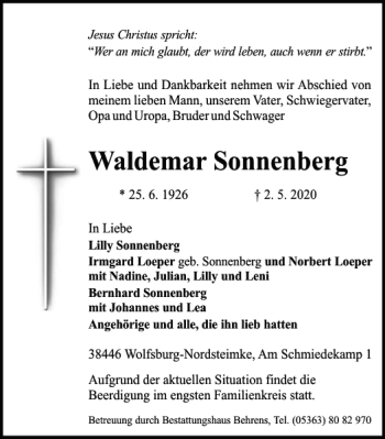 Traueranzeige von Waldemar Sonnenberg von Wolfsburger Nachrichten