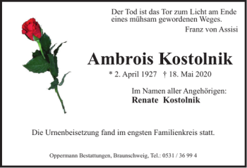 Traueranzeige von Ambrois Kostolnik von Wolfenbütteler Zeitung