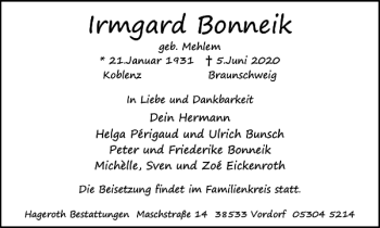 Traueranzeige von Irmgard Bonneik von Braunschweiger Zeitung