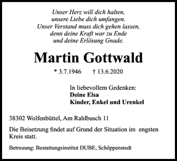 Traueranzeige von Martin Gottwald von Wolfenbütteler Zeitung