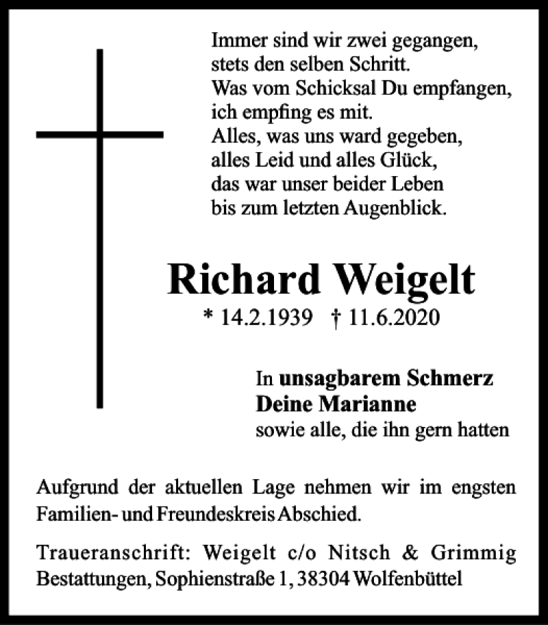 Traueranzeigen von Richard Weigelt | trauer38.de