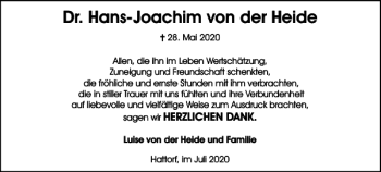 Traueranzeige von Dr. Hans-Joachim von der Heide von Wolfsburger Nachrichten