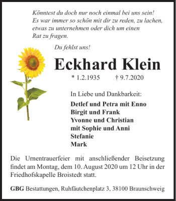 Traueranzeige von Eckhard Klein von Salzgitter Zeitung