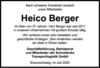 Traueranzeige von Heico Berger von Braunschweiger Zeitung