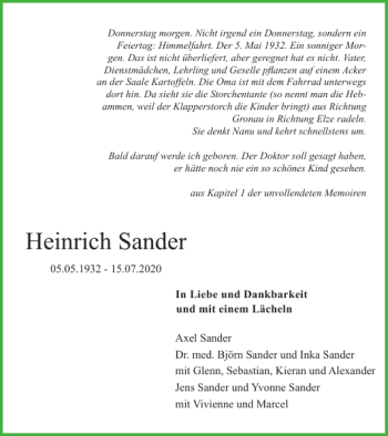 Traueranzeige von Heinrich Sander von Helmstedter Nachrichten