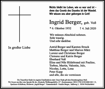 Traueranzeige von Ingrid Berger von Wolfenbütteler Zeitung