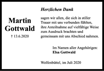 Traueranzeige von Martin Gottwald von Wolfenbütteler Zeitung