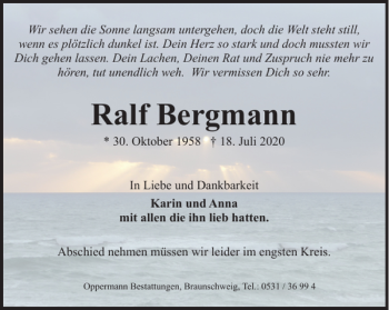 Traueranzeige von Ralf Bergmann von Wolfsburger Nachrichten