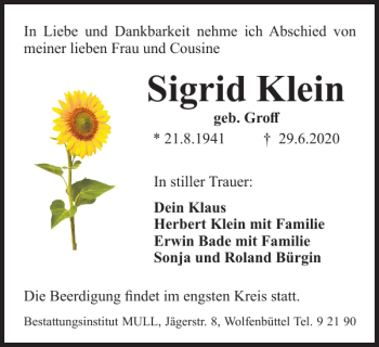 Traueranzeige von Sigrid Klein von Wolfenbütteler Zeitung