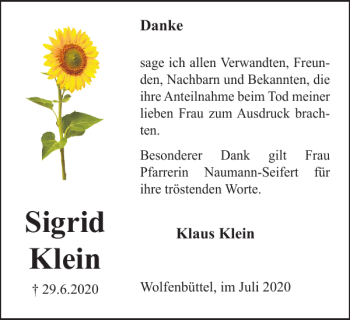 Traueranzeige von Sigrid Klein von Braunschweiger Zeitung