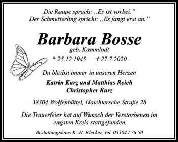 Traueranzeige von Barbara Bosse von Wolfenbütteler Zeitung