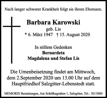 Traueranzeige von Barbara Karowski von Salzgitter Zeitung