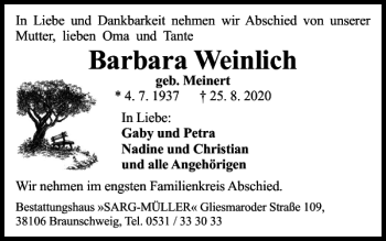 Traueranzeige von Barbara Weinlich von Braunschweiger Zeitung