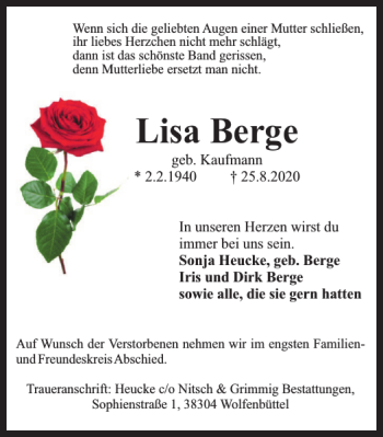 Traueranzeige von Lisa Berge von Wolfenbütteler Zeitung