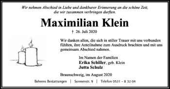 Traueranzeige von Maximilian Klein von Braunschweiger Zeitung