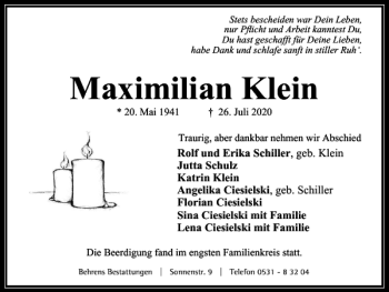 Traueranzeige von Maximilian Klein von Braunschweiger Zeitung