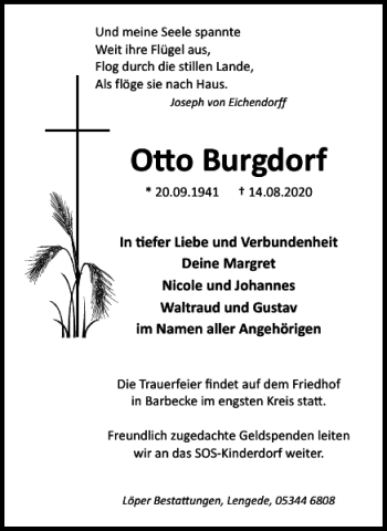 Traueranzeige von Otto Burgdorf von Peiner Nachrichten