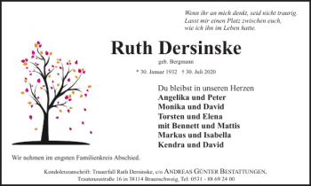 Traueranzeige von Ruth Dersinske von Braunschweiger Zeitung