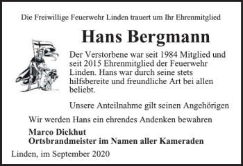 Traueranzeige von Hans Bergmann von Wolfenbütteler Zeitung