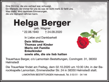 Traueranzeige von Helga Berger von Helmstedter Nachrichten