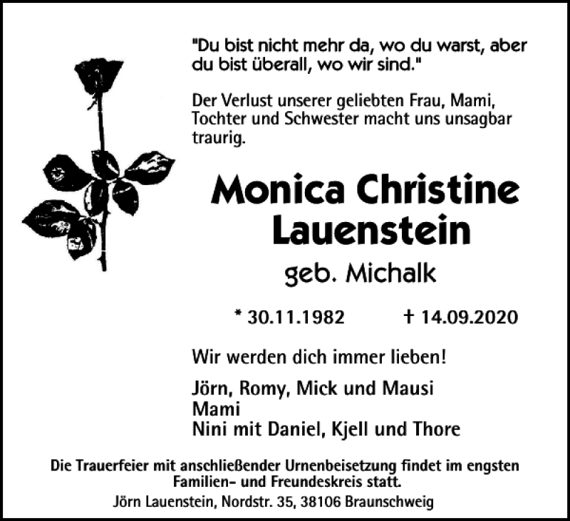  Traueranzeige für Monica Christine Lauenstein vom 26.09.2020 aus Braunschweiger Zeitung