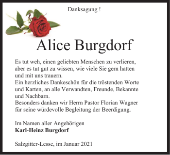 Traueranzeige von Alice Burgdorf von Braunschweiger Zeitung