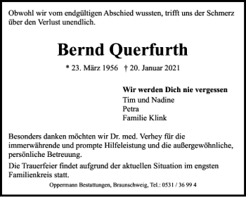 Traueranzeige von Bernd Querfurth von Braunschweiger Zeitung