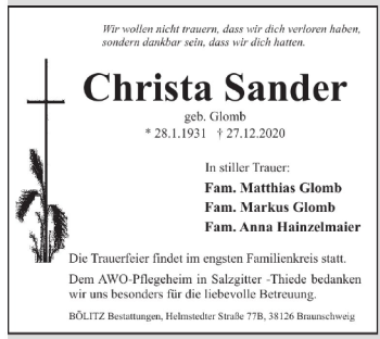 Traueranzeige von Christa Sander von Braunschweiger Zeitung