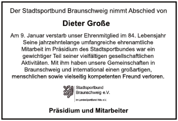 Traueranzeige von Dieter Große von Braunschweiger Zeitung