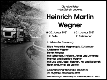 Traueranzeige von Heinrich Martin Wegner von Wolfsburger Nachrichten