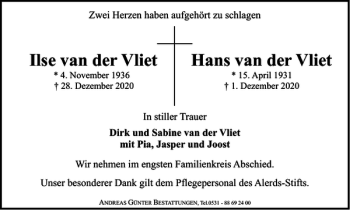 Traueranzeige von Ilse und Hans van der Vliet  von Braunschweiger Zeitung