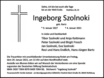 Traueranzeige von Ingeborg Szolnoki von Braunschweiger Zeitung