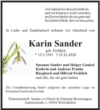 Traueranzeige von Karin Sander von Braunschweiger Zeitung