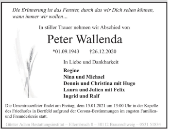 Traueranzeige von Peter Wallenda von Braunschweiger Zeitung